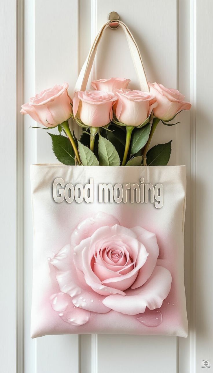 This may contain a bag with roses hanging on the front door and good morning sign above it that says