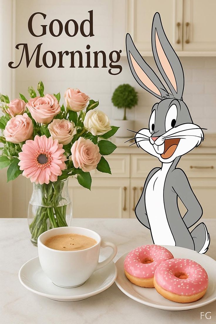 This may contain a cup of coffee and doughnuts on a table with the words good morning