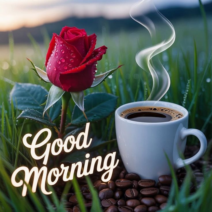 This may contain a cup of coffee next to a red rose