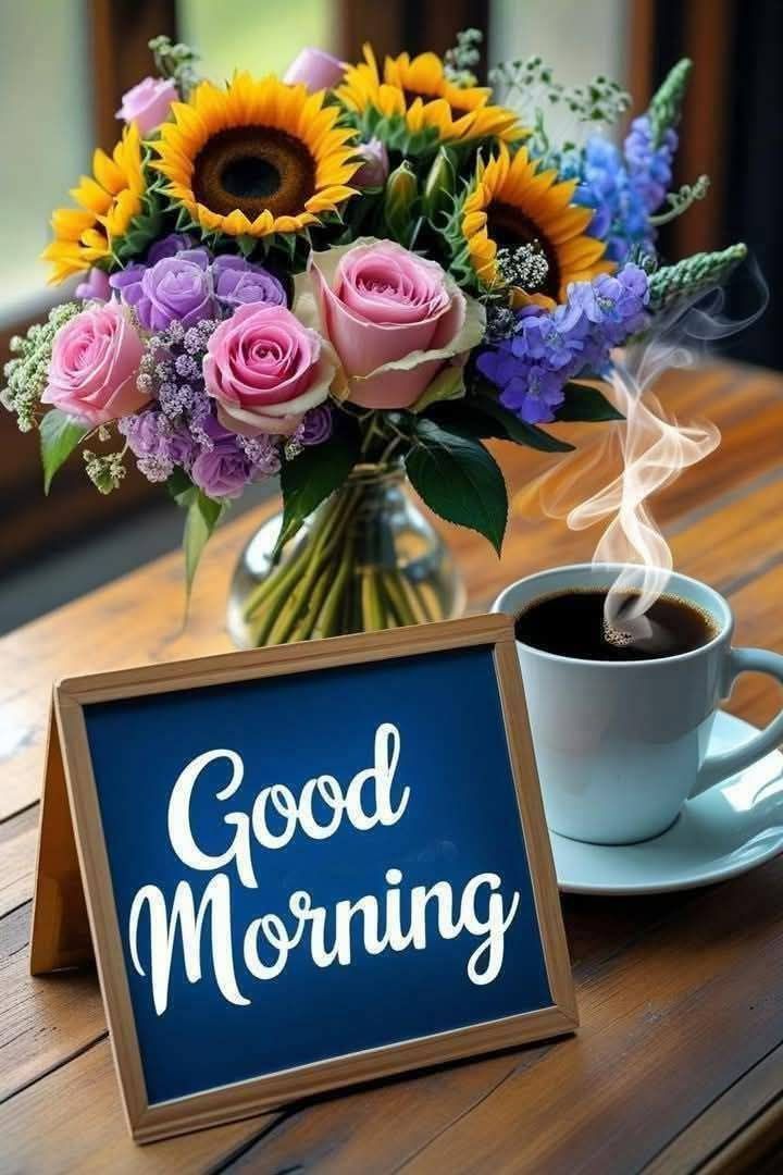 This may contain a cup of coffee next to a sign that says good morning with flowers in it