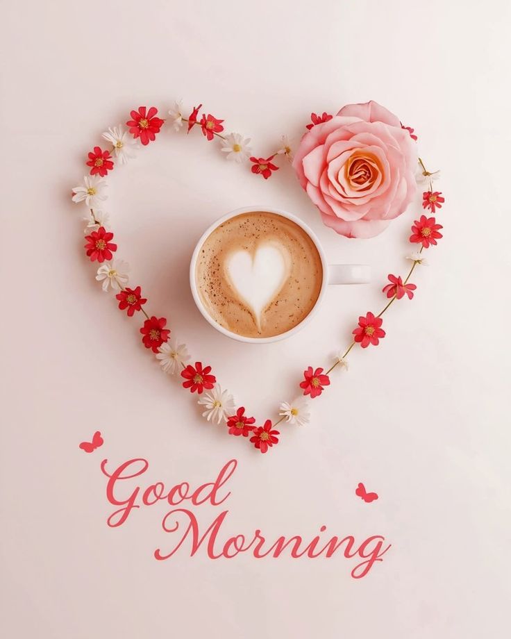 This may contain a cup of coffee with a heart shaped foam on it and flowers in the shape of a heart