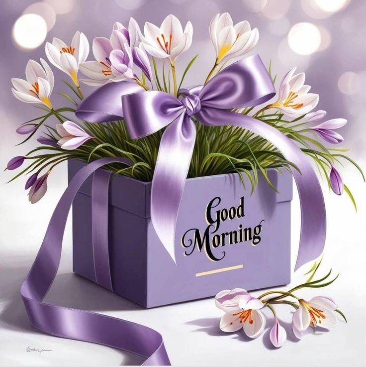 This may contain a purple box filled with flowers on top of a white table next to a ribbon