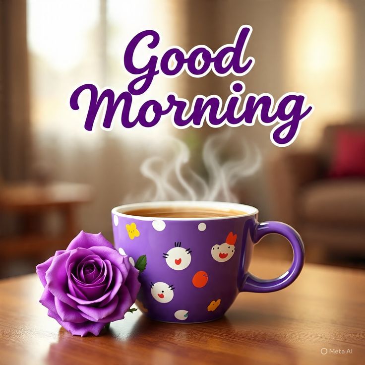 This may contain a purple coffee cup sitting on top of a wooden table next to a pink rose