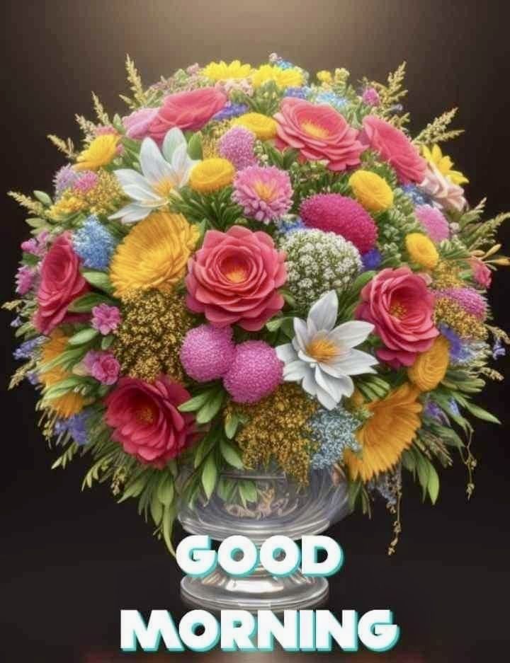 This may contain a vase filled with lots of colorful flowers on top of a wooden table next to the words good morning