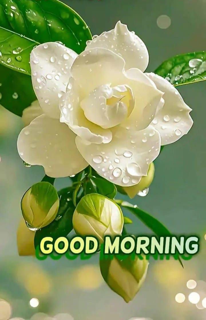 This may contain a white flower with water drops on it and the words good morning written in green