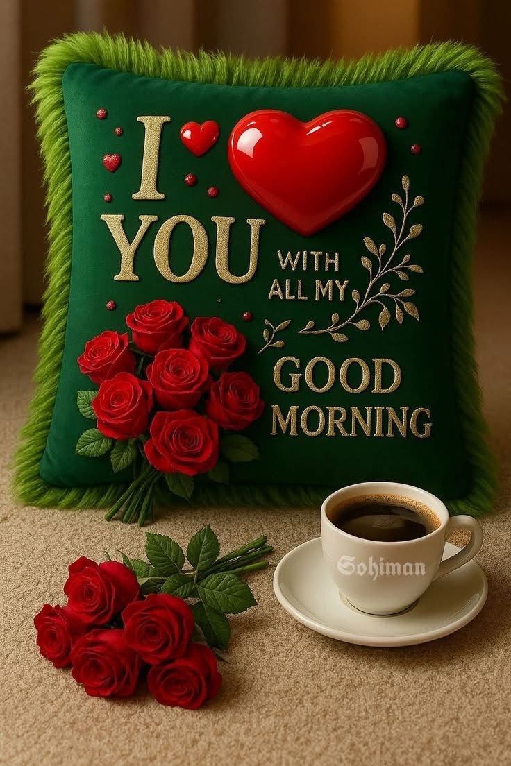 This may contain i love you with all my heart good morning coffee and red roses on the floor
