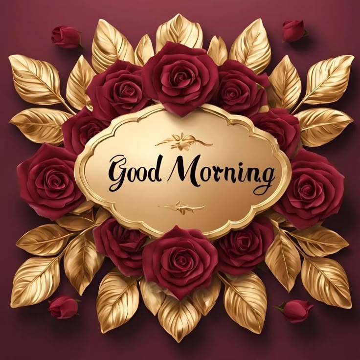This may contain red roses and gold leaves with the words good morning written in it on a maroon background