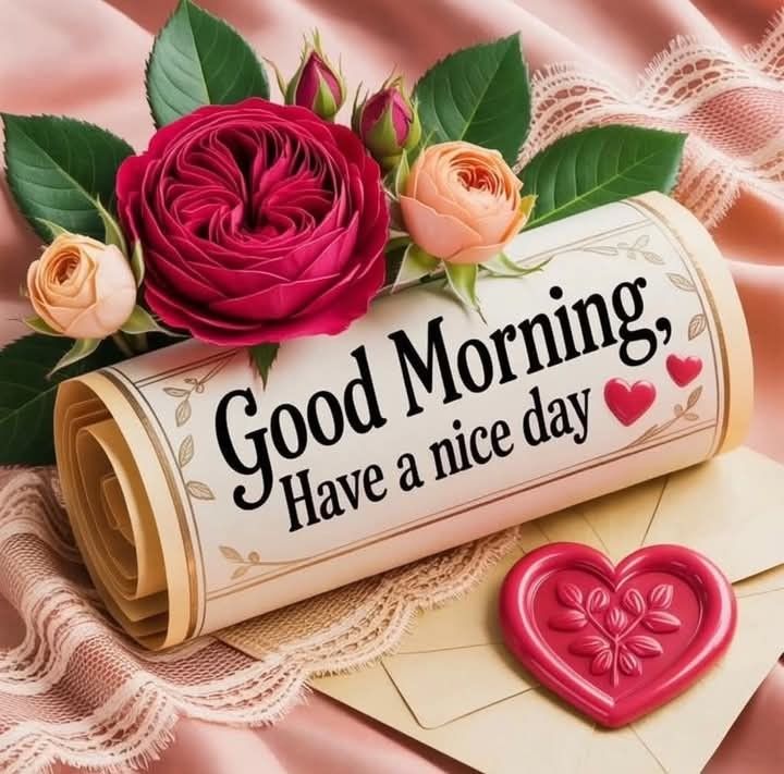 This may contain roses are sitting on top of an envelope next to a heart shaped wax stamp that says good morning have a nice day