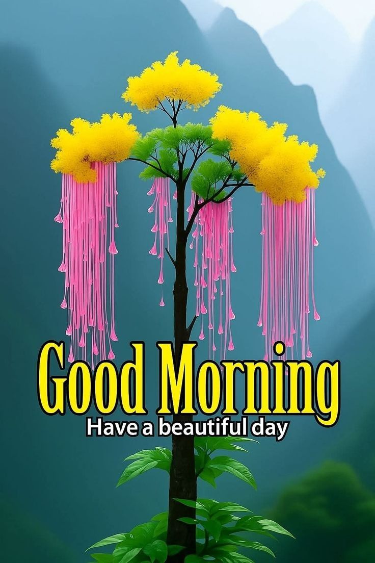 This may contain the words good morning have a beautiful day are written in front of a tree with yellow and pink flowers