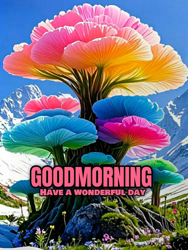 This may contain there are many colorful flowers growing out of the ground with words good morning have a wonderful day