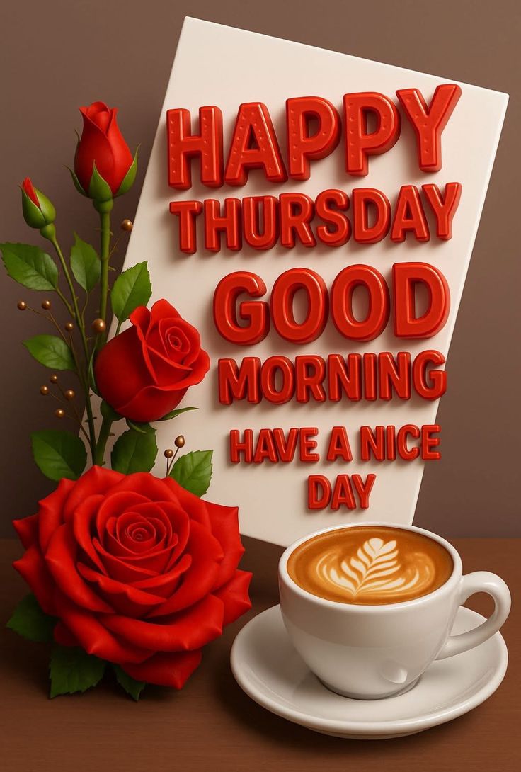 This may contain there is a cup of coffee next to a card with the words happy thursday good morning have a nice day