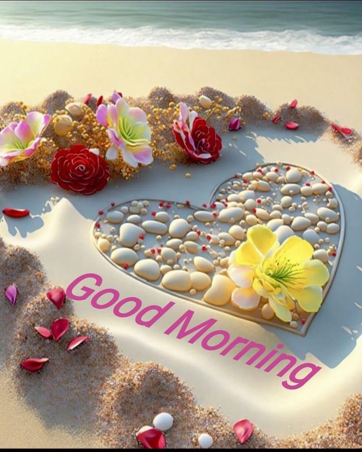 This may contain there is a heart made out of rocks and flowers on the beach