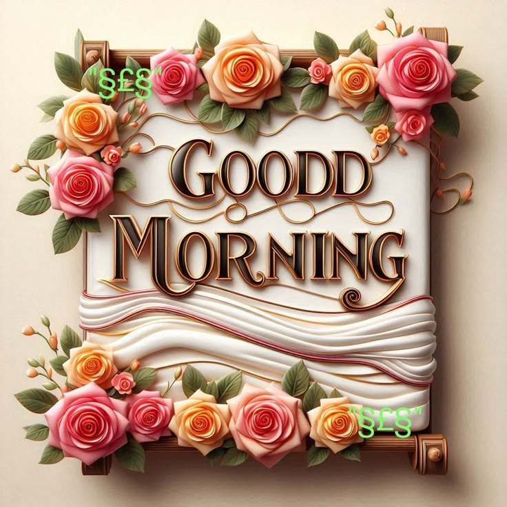 This may contain there is a sign that says good morning with flowers on it and roses around the edges