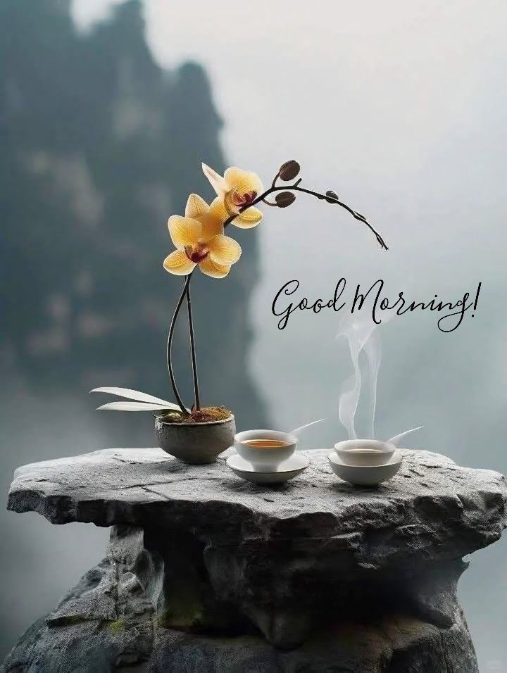 This may contain there is a vase with two cups and a flower on top of a rock that says good morning